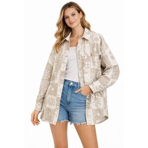 H&M Smiley Face Shirt Jacket Oversized Shacket Size Small Neutral Graphic